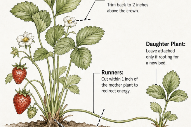 Botanical illustration showing exactly where to cut strawberry runners and leaves without damaging the crown.