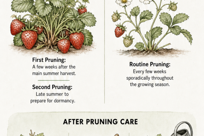 Strawberry pruning schedule showing when to trim June-bearing and ever-bearing varieties, plus aftercare tips.