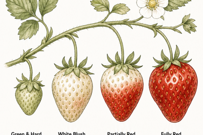 Botanical illustration showing four stages of strawberry ripeness on a single stem, from green and hard to fully red and ripe.
