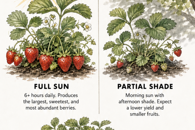 Illustration showing a large strawberry plant in full sun with many berries compared to a smaller plant in partial shade with fewer berries.