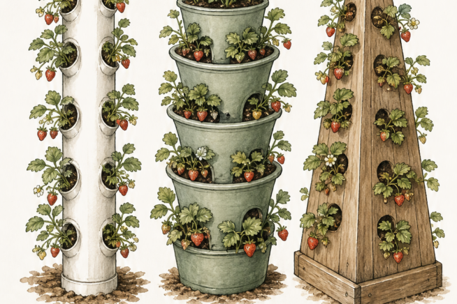 Three strawberry tower design options including a PVC pipe tower, stackable planter, and wooden pyramid
