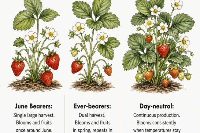 Illustration showing the bloom and harvest times for June bearing, everbearing, and day-neutral strawberry plants.
