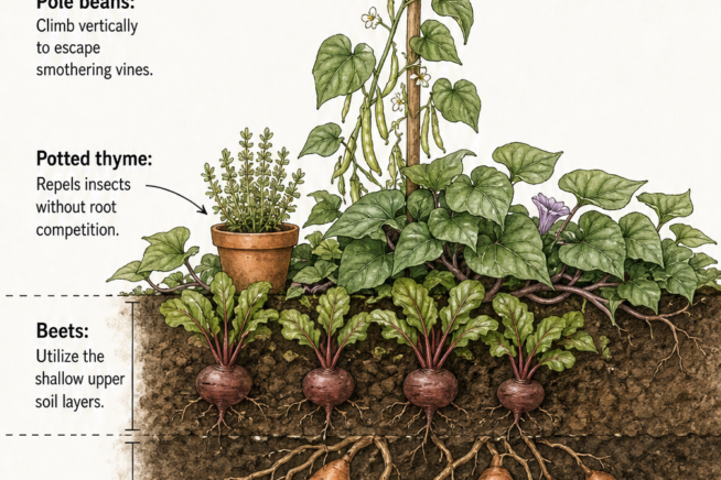 Cross-section of a garden bed illustrating sweet potato planting levels, showing pole beans growing vertically, potted thyme on the surface, beets in shallow...
