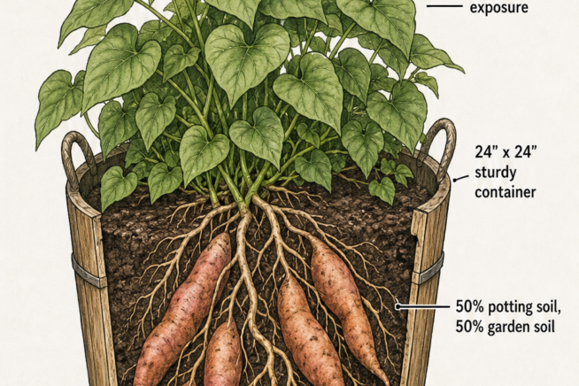 Cross-section illustration of a sweet potato container setup showing drainage, soil mix, and developing tubers.