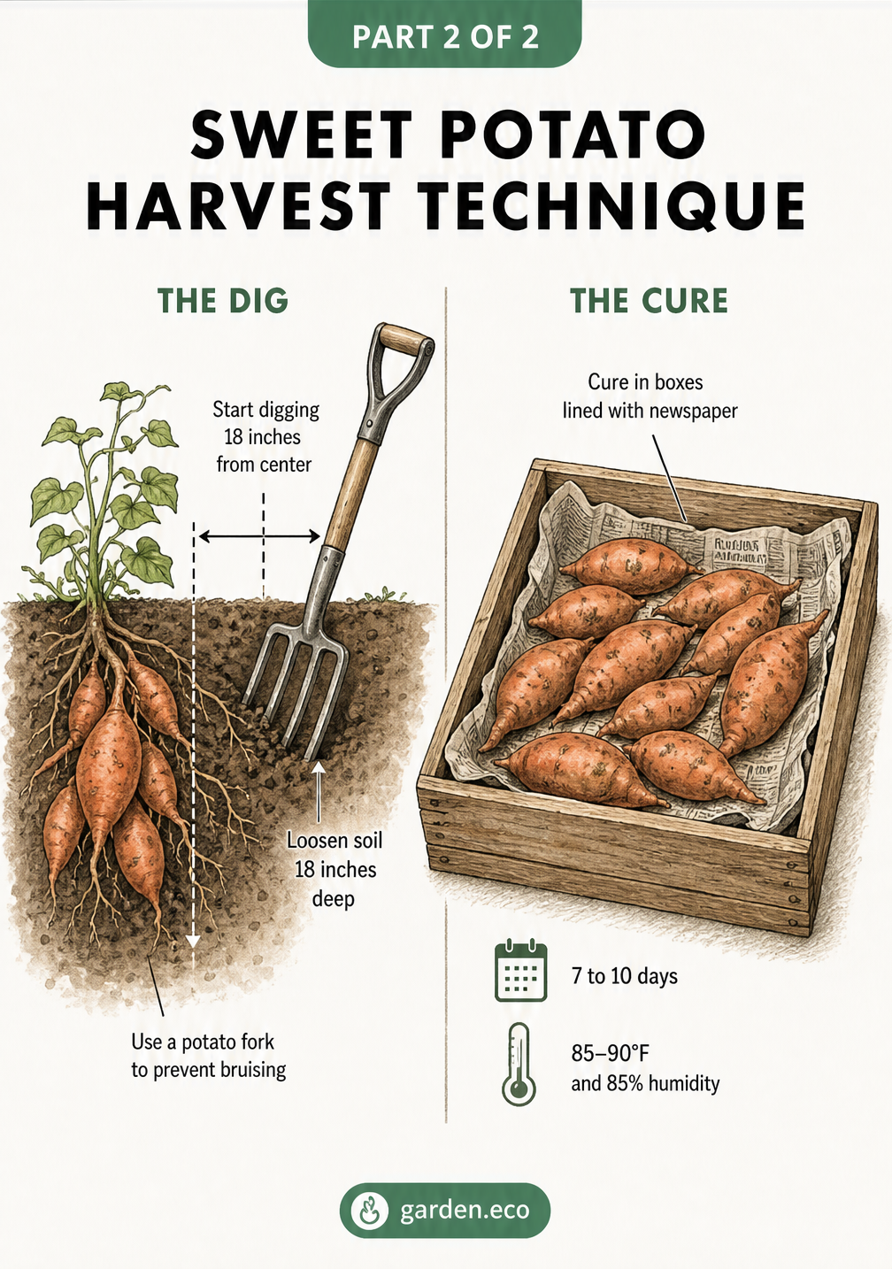 Illustration demonstrating how to dig sweet potatoes with a potato fork and how to cure them in newspaper-lined boxes.