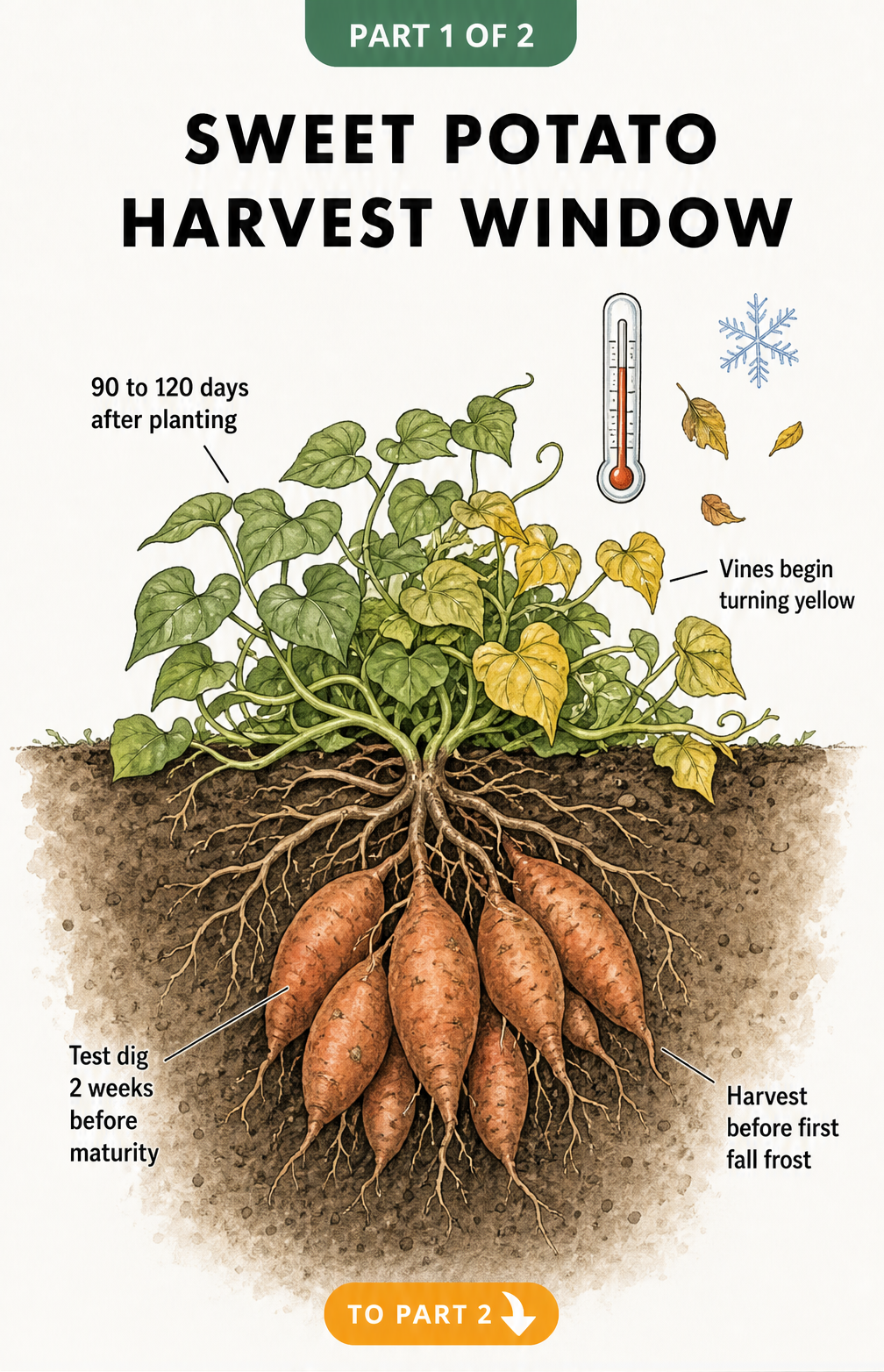 Botanical illustration showing a sweet potato plant above and below ground, indicating the harvest window with yellowing vines and mature tubers.