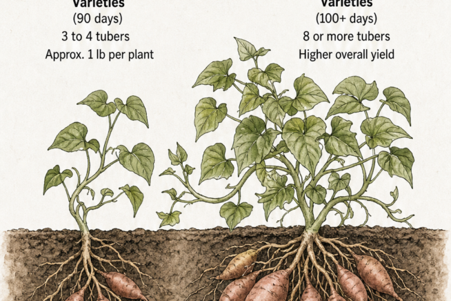 Cross-section illustration comparing sweet potato roots of short-season and long-season varieties