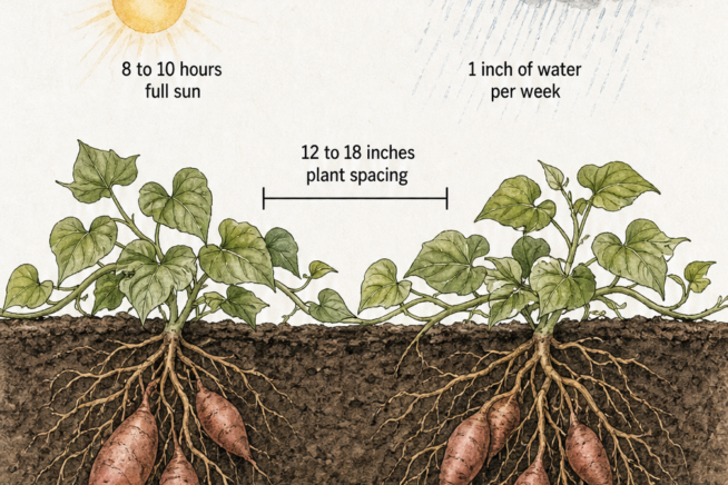 Illustration of sweet potato growing conditions showing sun, water, spacing, and soil requirements