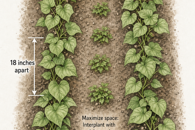 Top-down illustration of a garden bed showing sweet potato plants spaced 18 inches apart in rows 3 feet apart, interplanted with bush beans.
