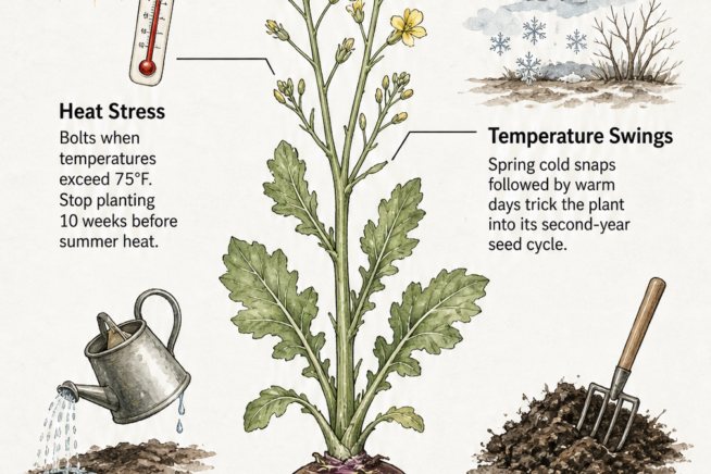Botanical illustration showing four environmental causes of turnip bolting: heat stress, temperature swings, dry soil, and nutrient depletion.