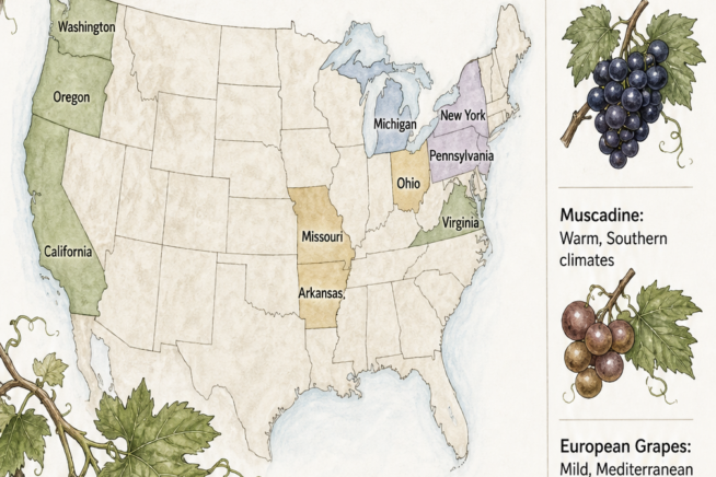 Illustrated map of the United States highlighting the top ten grape-growing states and their ideal USDA hardiness zones.