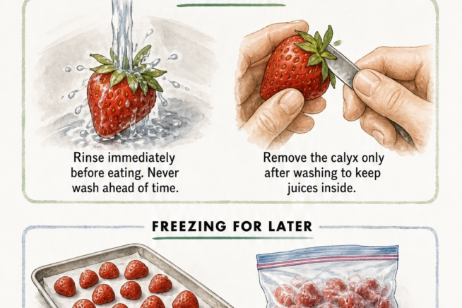 Illustration demonstrating how to wash strawberries right before eating and the steps for freezing them in a single layer.