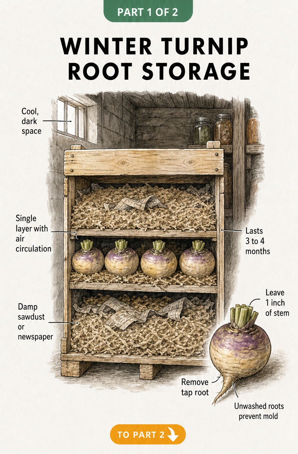 Cross-section illustration of a wooden crate showing how to store turnip roots in damp sawdust for winter.