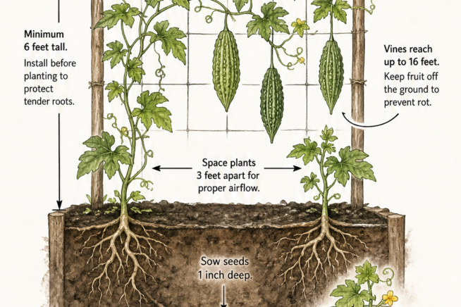 Cross-section illustration of a bitter melon plant growing on a trellis with planting depth and spacing details