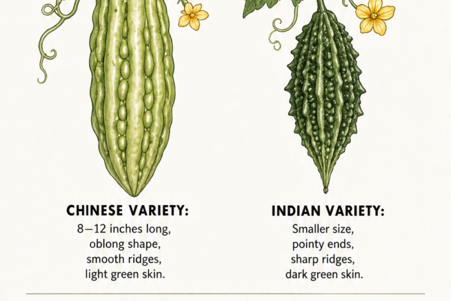 Illustration comparing Chinese and Indian bitter melon varieties alongside the ideal harvest stages