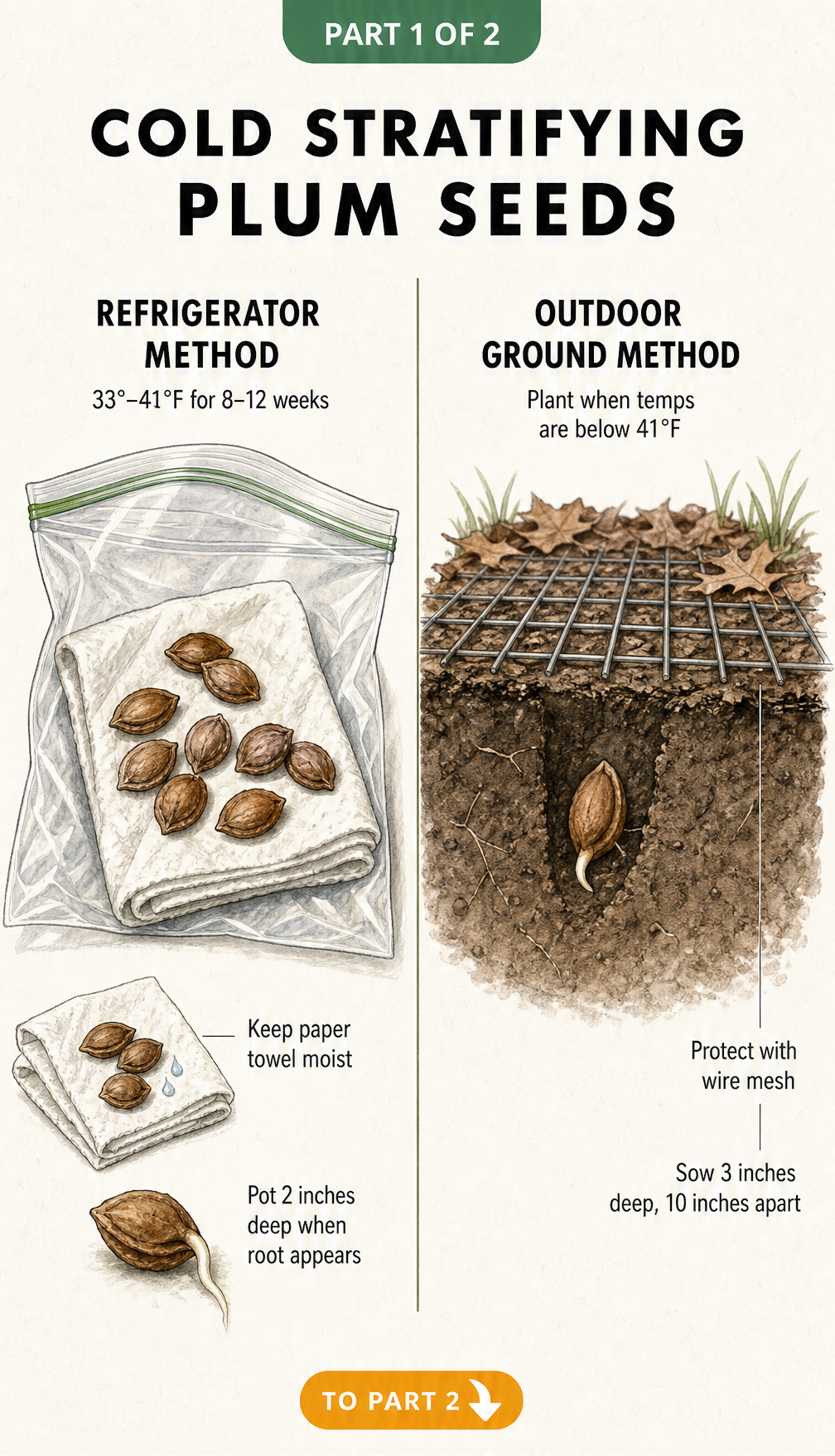 Illustration comparing the refrigerator and outdoor ground methods for cold stratifying plum seeds.