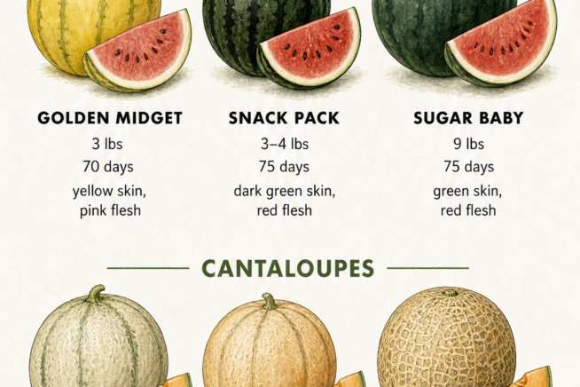 Botanical illustration of compact trellis melon varieties including Golden Midget, Snack Pack, Sugar Baby, Serenade, Tasty Bites, and Sugar Cube with weight...