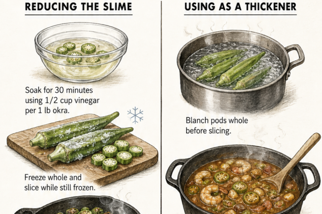 Illustration showing two ways to prepare okra: reducing slime by soaking in vinegar or freezing, and using it as a thickener by blanching.