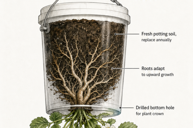 Cross-section illustration of a DIY upside-down strawberry bucket planter showing the root system, soil, and hanging mechanism.