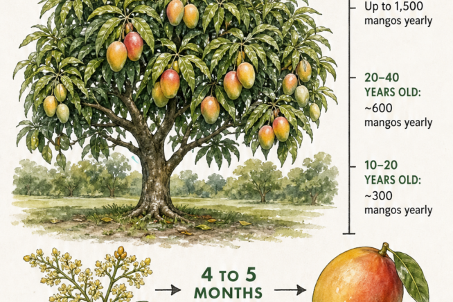 Botanical illustration showing expected mango tree harvests by age, from 300 mangos yearly at 10 years to 1,500 mangos for mature trees.