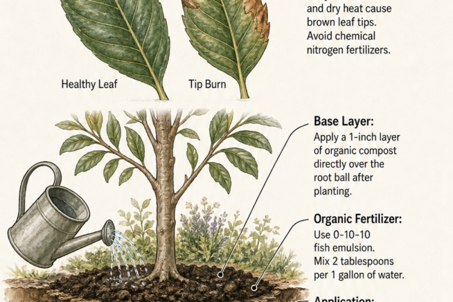 Illustration of loquat leaf tip burn and a cross-section of roots showing compost layer and fish emulsion watering.