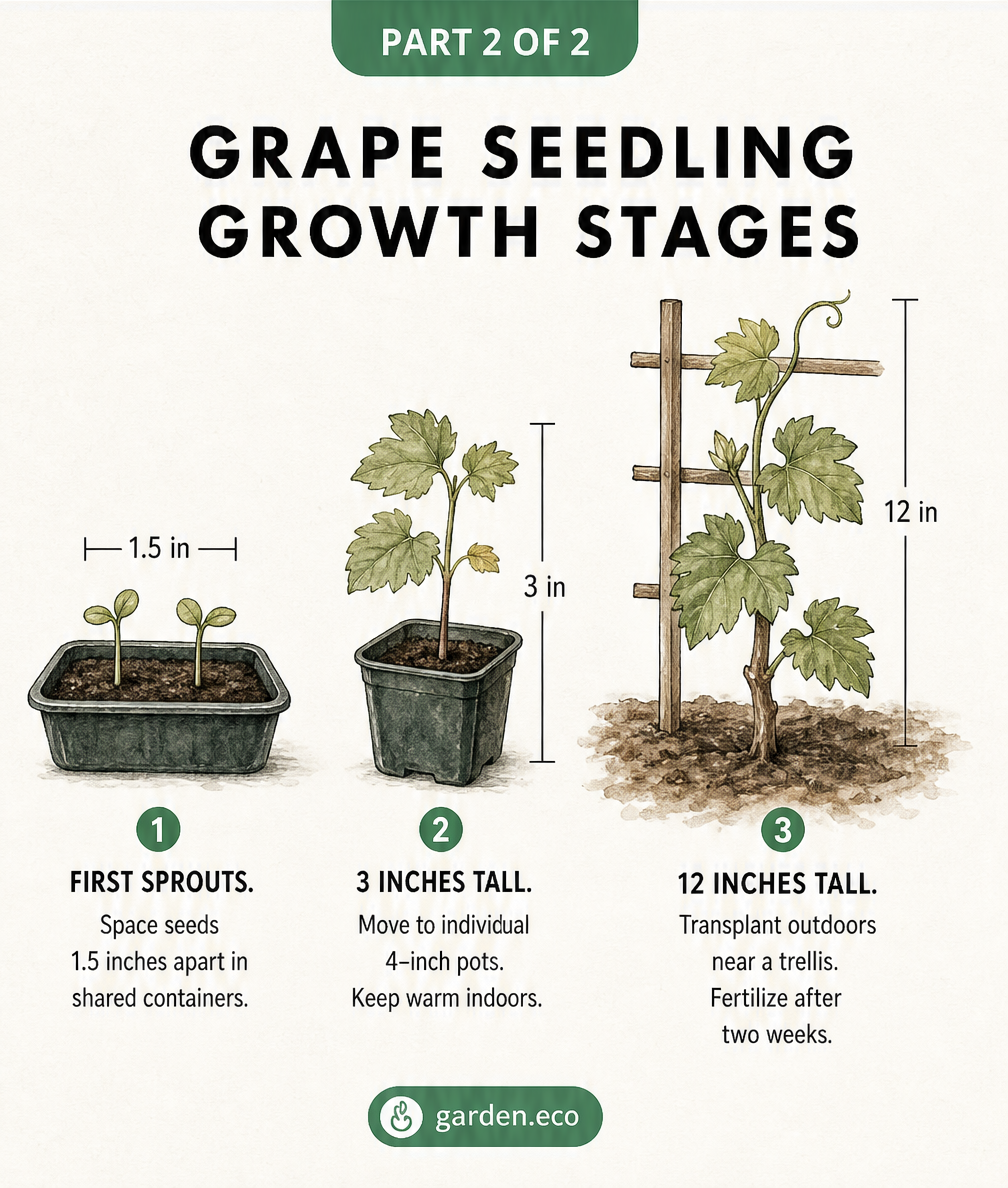 Illustration showing grape seedling growth stages: first sprouts in a shared container, a 3-inch seedling in a small pot, and a 12-inch plant transplanted...
