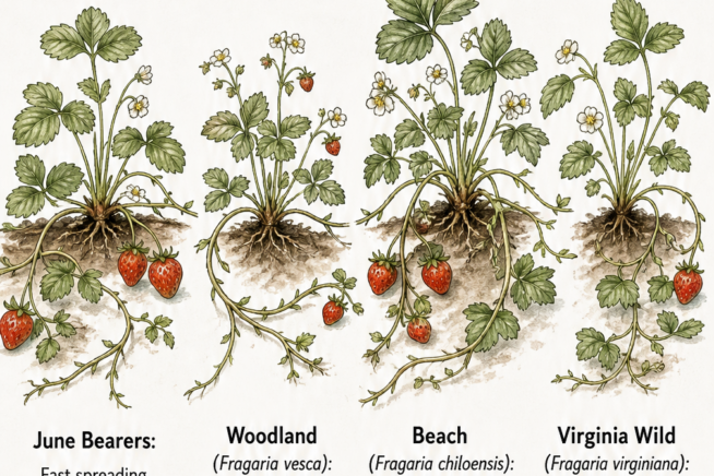Botanical illustration of four ground cover strawberry varieties: June Bearers, Woodland, Beach, and Virginia Wild, showing their unique foliage and runners.