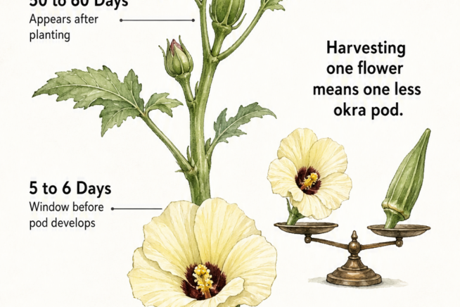 Botanical illustration showing when and how to harvest okra flowers, including timing and cutting techniques.