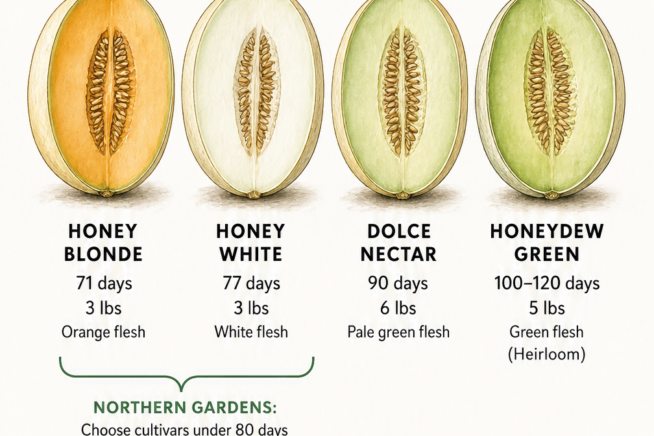 Comparison chart of four honeydew melon varieties showing days to harvest, weight, and flesh color, including Honey Blonde and Dolce Nectar.