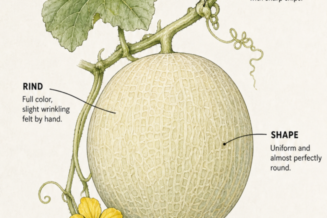 Botanical illustration of four honeydew melon varieties showing harvest times, flesh colors, and weights.