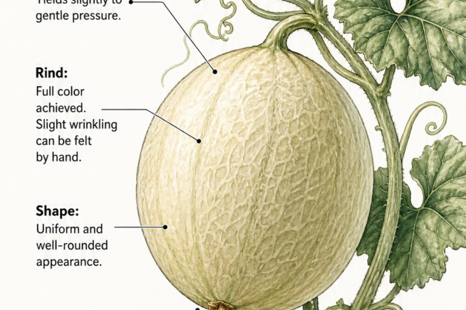 Botanical illustration of a honeydew melon on the vine showing ripeness signs like full color, slight wrinkling, and a soft blossom end.