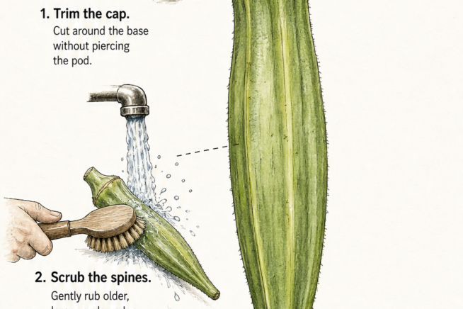 Illustration showing three steps to clean fresh okra pods: trimming the cap, scrubbing the spines, and air drying on a towel.