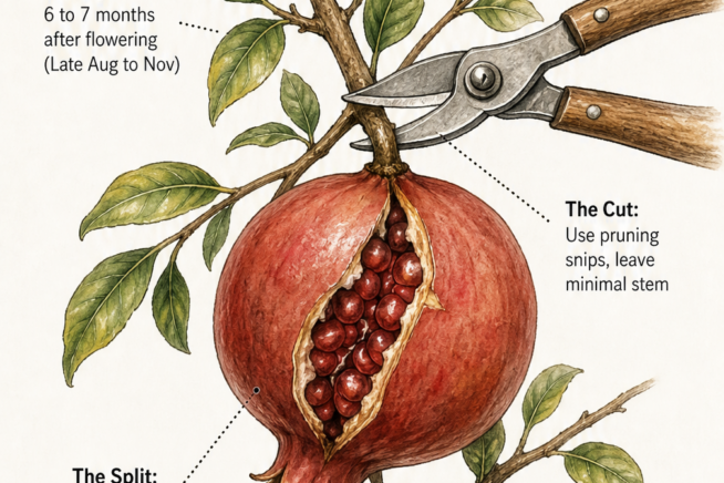 Botanical illustration showing how to harvest a ripe split pomegranate using pruning snips.