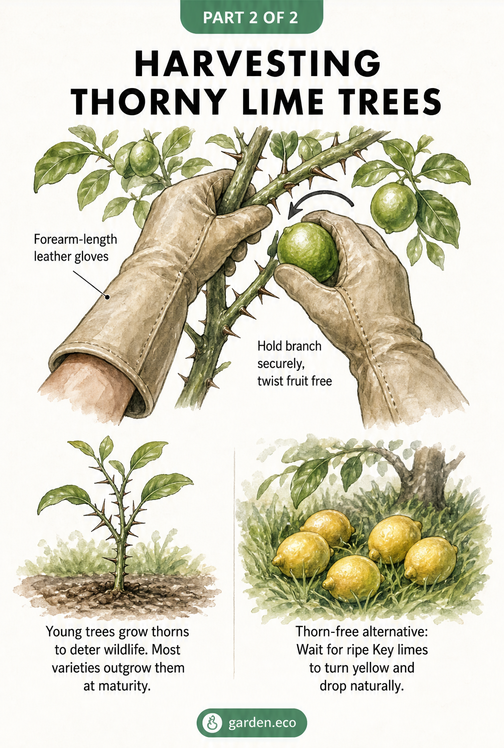 Illustration of hands wearing thick leather gloves to safely harvest limes from a thorny branch, with tips on waiting for ripe limes to drop naturally.
