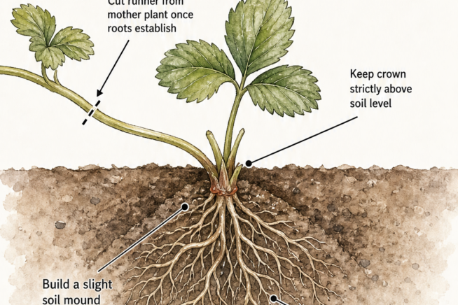 Cross-section illustration of planting a strawberry runner, showing the crown above soil level and roots spread over a small mound.