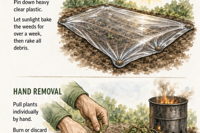 Illustration showing two methods for removing false strawberry runners: soil solarization with clear plastic and hand pulling.