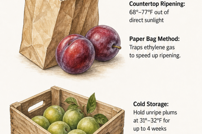 Illustration showing two methods for ripening plums indoors: using a paper bag on the counter or cold storage in a wooden crate.
