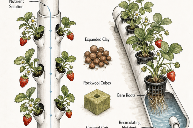 Cross-section illustration comparing a vertical PVC tower and a horizontal trough for hydroponic strawberries, showing water flow and bare roots.