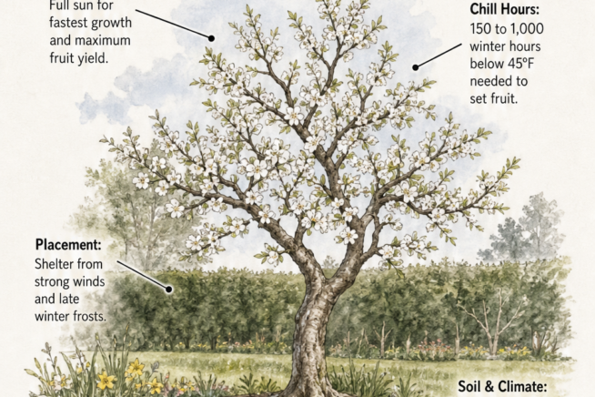 Detailed botanical drawing of a plum tree highlighting ideal growing conditions including full sun, chill hours, wind shelter, and well-draining soil.