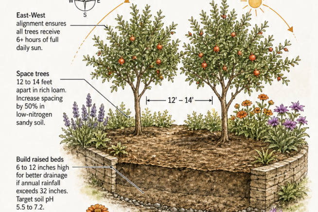 Isometric sketch of a garden bed showing ideal pomegranate planting site with sun alignment, tree spacing, and soil drainage