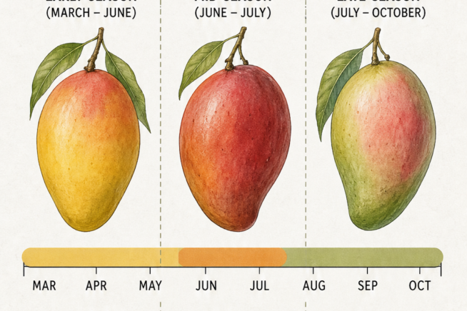 Illustration comparing an unripe green mango to a ripe plump mango with a color blush