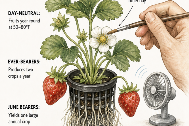 Close-up illustration of a hand using a small brush to pollinate a hydroponic strawberry blossom indoors.