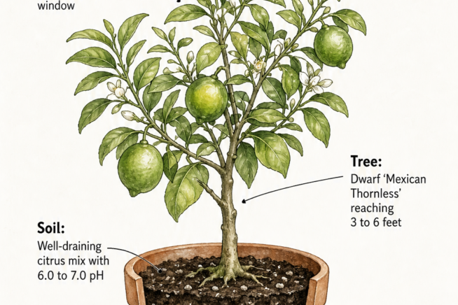 Botanical illustration of an indoor lime tree in a terra cotta pot showing soil layers, sunlight needs, and pot setup.