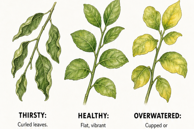 Illustrations of lime tree leaves showing signs of being thirsty, healthy, and overwatered based on soil moisture.