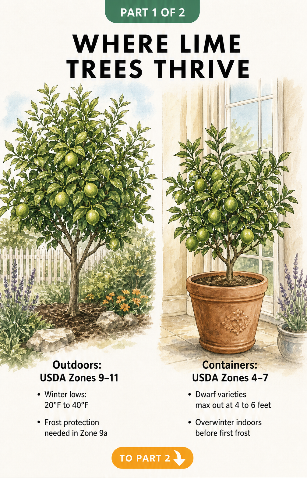 Illustration showing a mature lime tree growing outdoors and a dwarf lime tree in a terracotta pot indoors