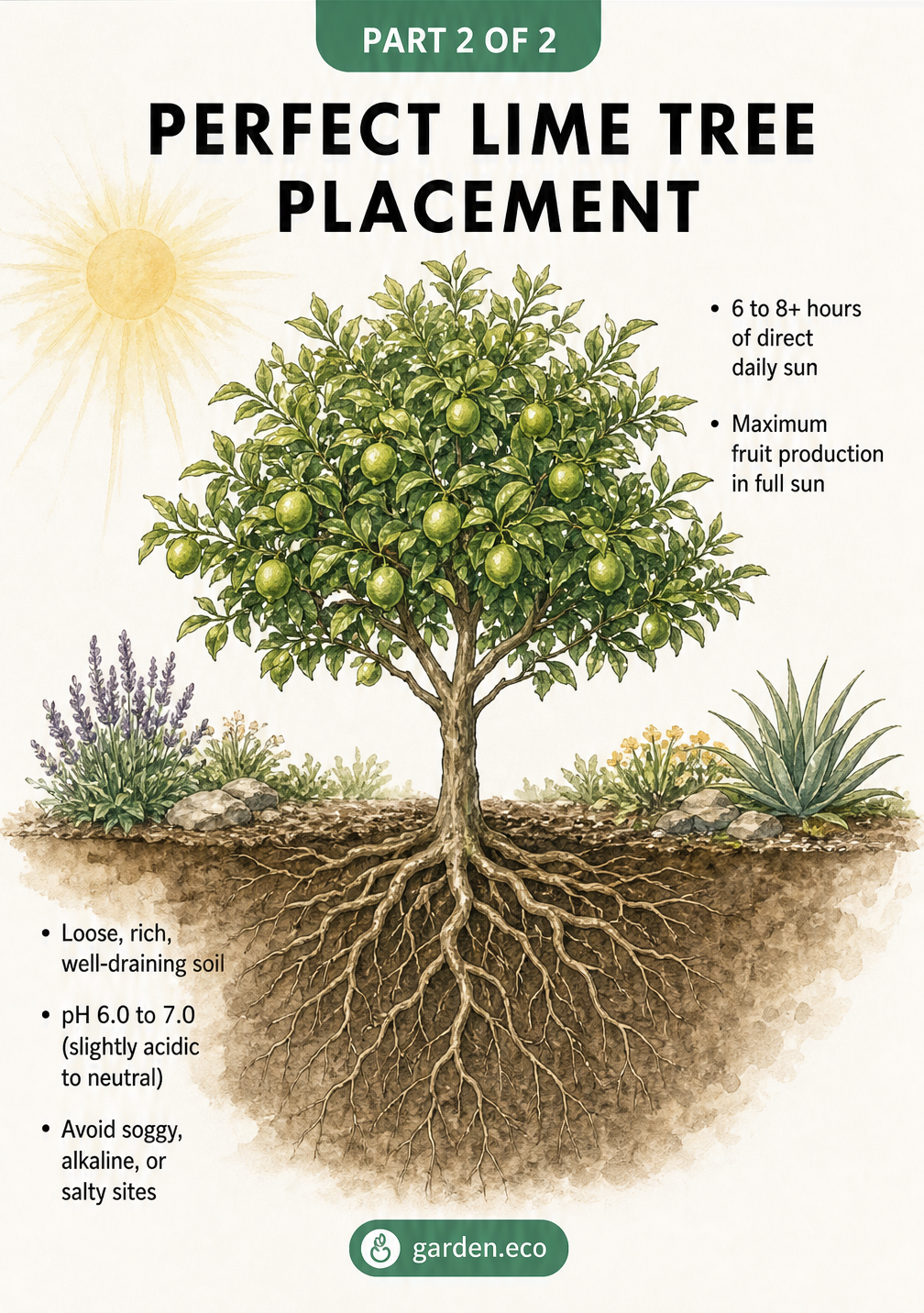 Cross-section illustration of a planted lime tree showing the canopy in the sun and roots in well-draining soil
