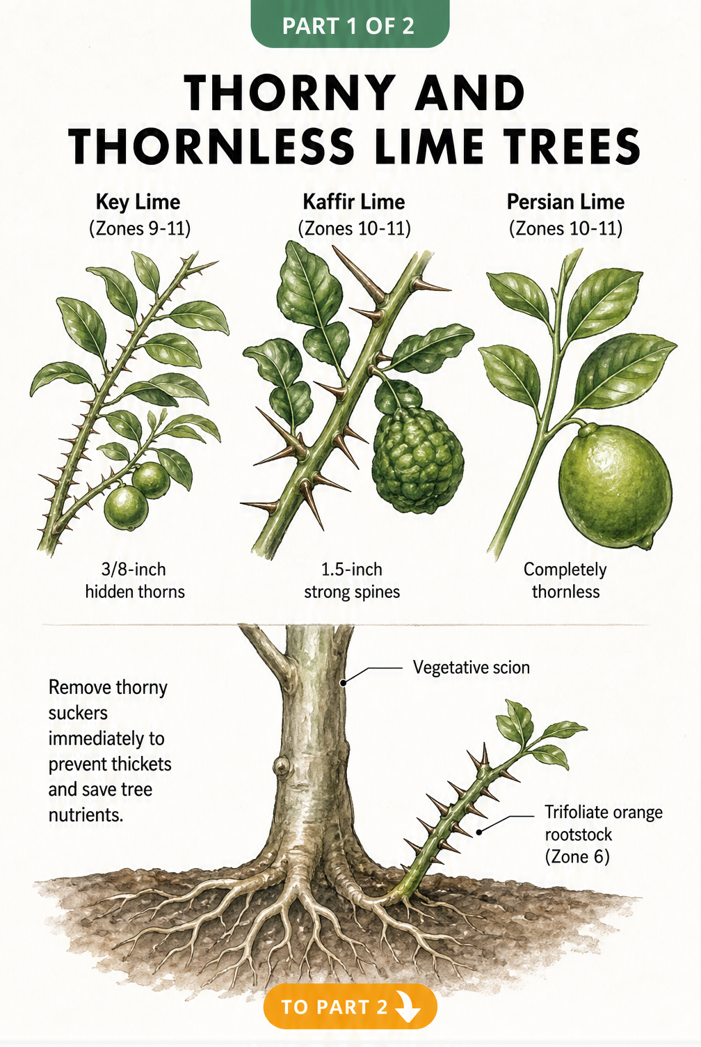 Botanical illustration comparing thorny Key and Kaffir lime branches with a thornless Persian lime branch, plus a diagram showing thorny rootstock suckers on a...