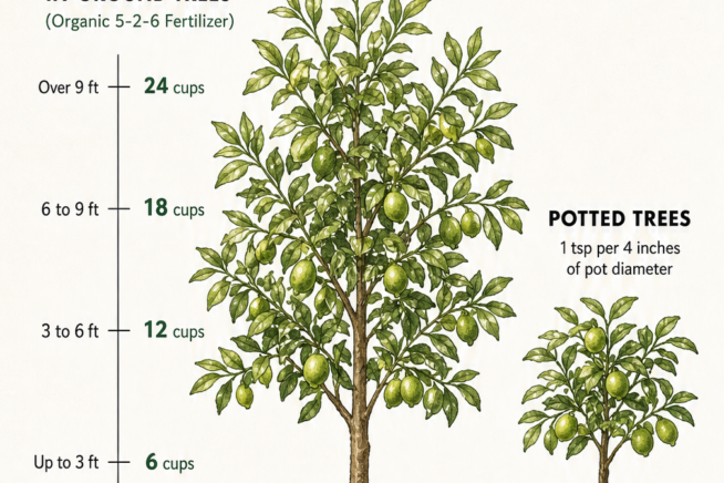 Illustration showing winter frost protection methods for in-ground and potted lime trees