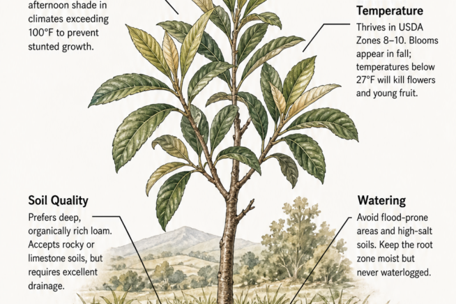 Botanical illustration of a young loquat tree showing ideal planting site conditions including sunlight, climate, soil quality, and watering needs.