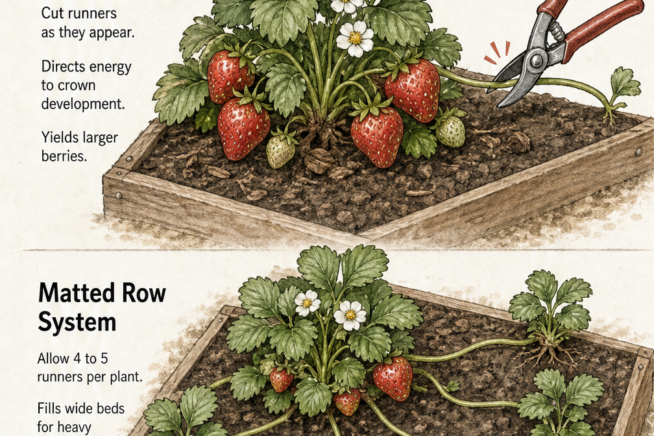 Isometric garden illustration comparing pruning strawberry runners for larger fruit versus allowing runners to form a matted row system.